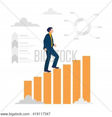 Vector Illustration, People Run To Their Goal On The Column Of Columns, Climbing Up The Stairs, Move