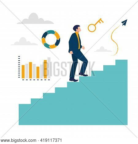 Vector Illustration, People Run To Their Goal On The Column Of Columns, Climbing Up The Stairs, Move