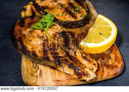 Grilled Salmon Steaks With Spices And Lemon, Bbq Keto Diet Fod Concept
