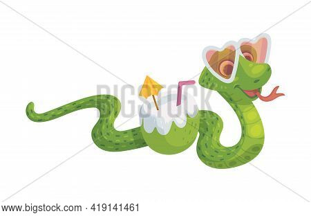 Funny Snake Character On Summer Vacation, Flat Vector Illustration Isolated.