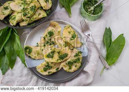 Pierogi Ruskie, Baked Dumplings Stuffed With Curd Cheese And Potatoes And Wild Garlic