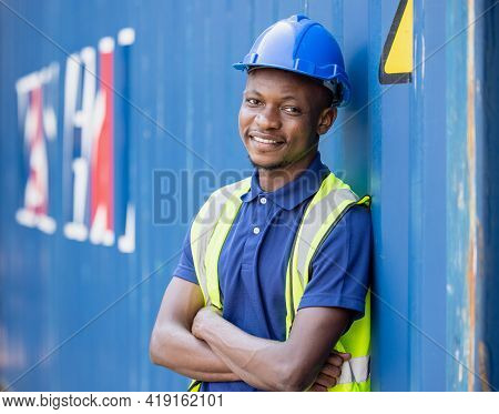 Portrait Transportation Man Engineering A Helmet Logitics Shipping At Container Background
