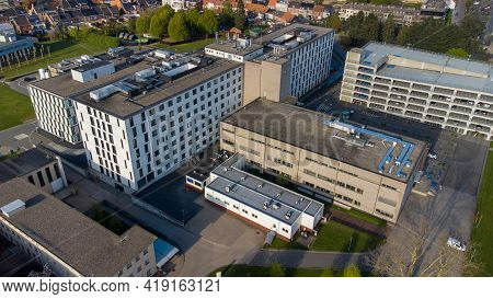 Turnhout, Belgium, 27 April 2021, Bird Eye Aerial View Of The Az Sint Elizabeth Hospital In The City