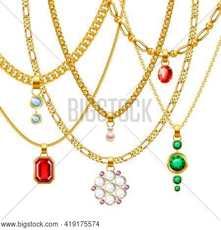 Golden Jewelry Chains Set With Different Pendants Realistic Vector Illustration