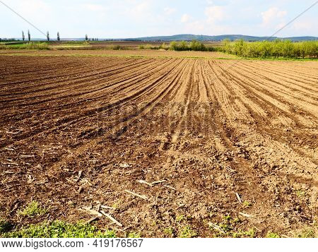 Landscape With Agricultural Land Plowed, Prepared For Harvest. Agricultural Landscape, Arable Land F