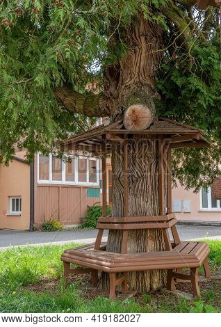Straznice, Czech Republic - May 1, 2021, Castle Straznice. Gazebo To Relax In The Park Area. Pleasan