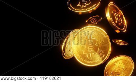 3d Render, Golden Coins Digital Currency, Bitcoin, Btc, Cryptocurrency, Stock Market With Copy Space