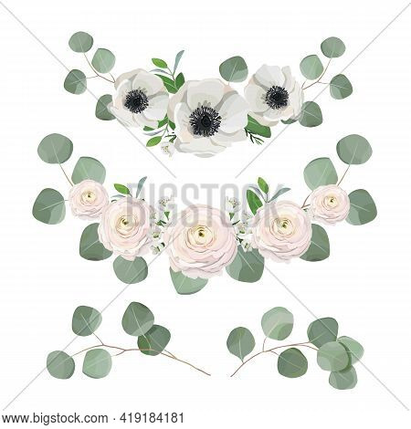 Floral Wreath, Eucalyptus Leaves, Anemone And Ranunculus Flowers. Vector Template, Greeting, Wedding