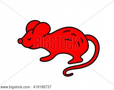 Rat. Chinese Horoscope 2032. Cartoon Mouse, Animal Symbol Vector. Red Doodle Sketch. Editable Path
