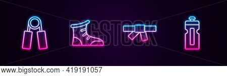 Set Line Sport Expander, Boxing Shoes, Black Karate Belt And Fitness Shaker. Glowing Neon Icon. Vect