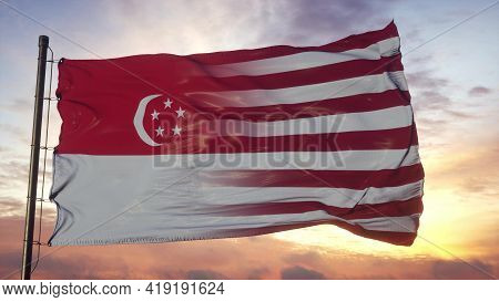 Singapore And Usa Flag On Flagpole. Usa And Singapore Flag Waving In Wind. 3d Rendering