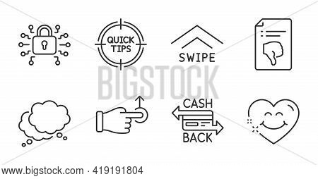 Tips, Speech Bubble And Security Lock Line Icons Set. Cashback Card, Drag Drop And Smile Face Signs.