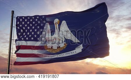 Lousiana And Usa Flag On Flagpole. Usa And Lousiana Mixed Flag Waving In Wind. 3d Rendering