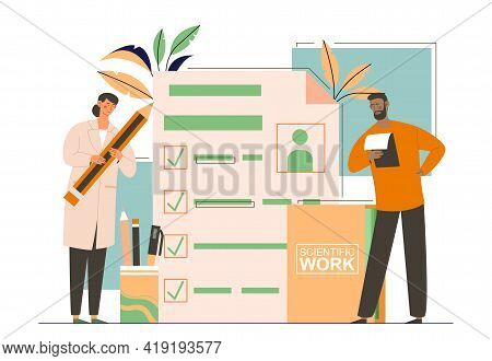 Female Scientist Is Writing Report As A Medical Testing Plan. Doctor Is Conducting Research. Concept