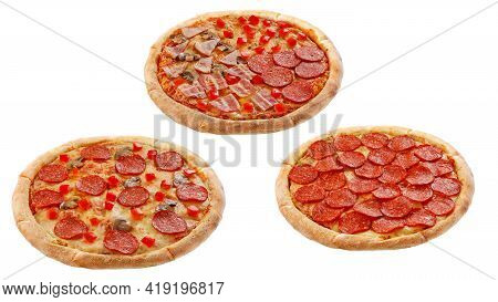 Three Pizzas Isolated On A White Background. Italian Food Concept. Appetizing Pizza.