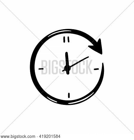 Hand Drawn Simple Circle Clock Icon Of Black Color. Doodle Sketch Style. Concept Of Time, Minute, De