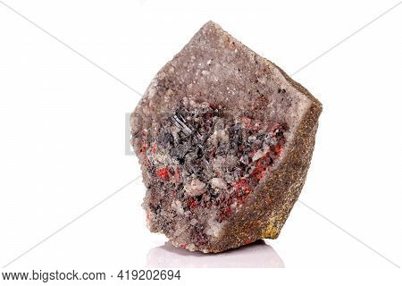 Macro Stone Cinnabar With Mineral Stibnite On A White Background