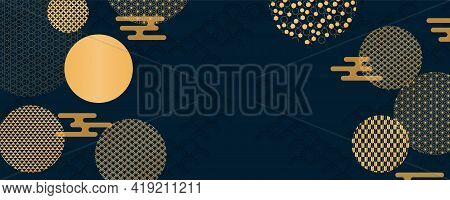 Traditional Asian Background, Eastern Patterns Elements, Clouds, Gold On Blue, Copy Space. Oriental 