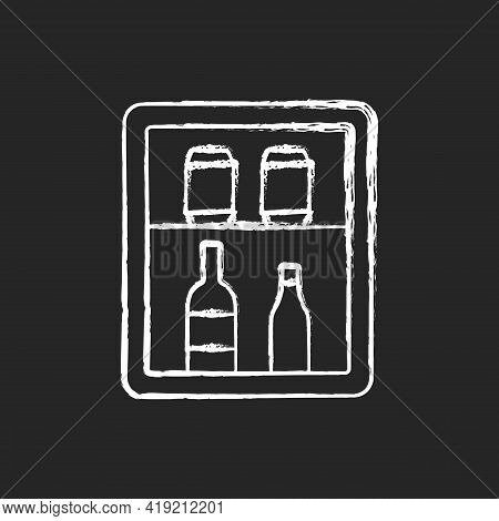 Mini Bar Chalk White Icon On Black Background. Small Refrigerator In Hotel Room Or Cruise Ship State