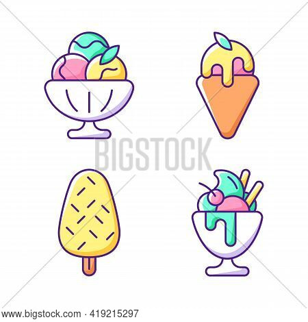 Ice Cream Varieties Rgb Color Icons Set. Sorbet, Sherbet. Gelato. Vanilla Ice Cream With Sprinkles. 