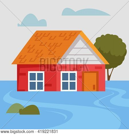 A Sunken Private Brick House During A Natural Disaster And Flood. The Dwelling Is Flooded With Water