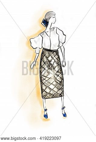 Hand-drawn Fashion Illustration Sketch Of  Imaginary Figure Of An Abstract Model In White Blouse, Pl