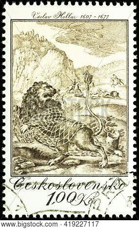 Moscow, Russia - May 01, 2021: Stamp Printed In Czechoslovakia Shows Painting The Lion And The Mouse