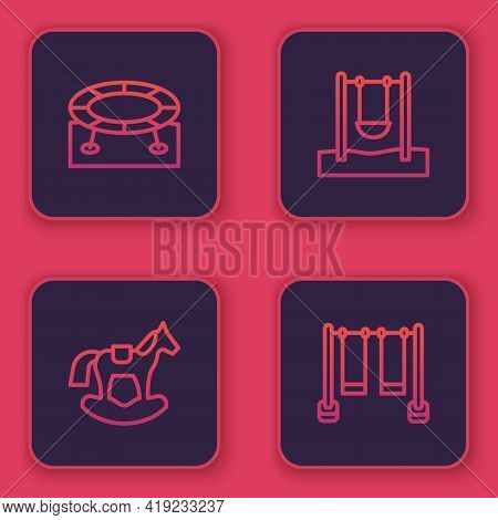 Set Line Jumping Trampoline, Horse Saddle Swing, Swing And Double. Blue Square Button. Vector