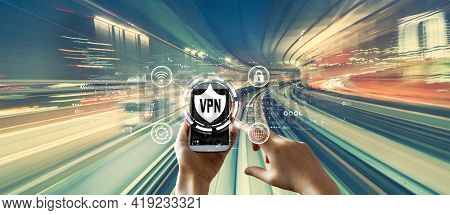 Vpn Concept With Person Using A Smartphone Over Abstract High Speed Technology Pov Motion Blur
