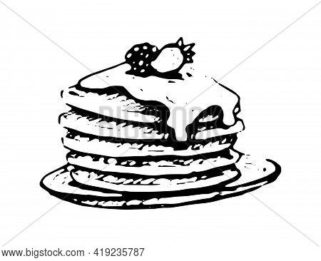 Pancakes With Maple Syrup And Berries Hand Drawn Doodle Icon. Vector Sketch Illustration Of Sweet Pa