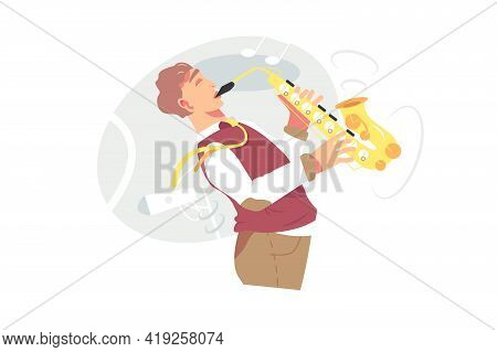 Young Male Musician Plays Saxophone Vector Illustration. Saxophonist Playing On Blowing Musical Inst