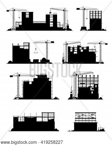 Construction Site Black Silhouettes With Vector Buildings And Builder Equipment. Infrastructure, Ind