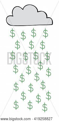 Cartoon Vector Illustration Of Cloud And Dollar Rain. Colored And Black Outlines.