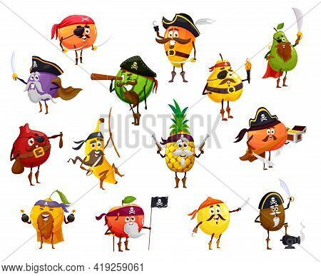 Fruit Pirate, Corsair And Buccaneer Cartoon Characters. Vector Orange, Apple, Mango And Pineapple, W