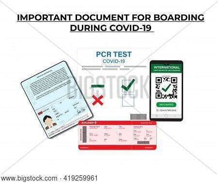 A Vector Of Passport, Pcr Test Covid-19 And, Boarding Pass, Smartphone With Digital International Ce
