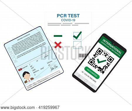 A Vector Of Passport, Pcr Test Covid-19 And Smartphone With Digital International Certificate Of Vac