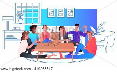 Mix Race Friends Playing Jenga Board Game During Meeting At Round Table Relaxation Communication Con