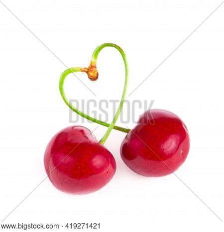 Ripe Fresh Red Cherry Isolated On White Background. With Clipping Path.