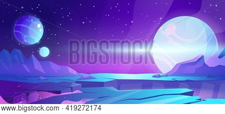 Cosmic Background, Alien Planet Deserted Landscape With Mountains, Rocks, Deep Cleft And Stars Shine