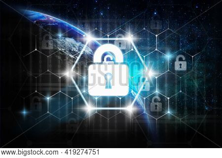 Security Key Lock Icon Digital Display Over Part Of Earth With Sun Rise And Lens Flare Over The Milk