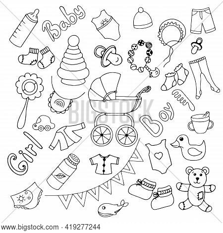 A Set Of Vector Doodle Illustrations With Children's Things And Toys.simple Linart Icons