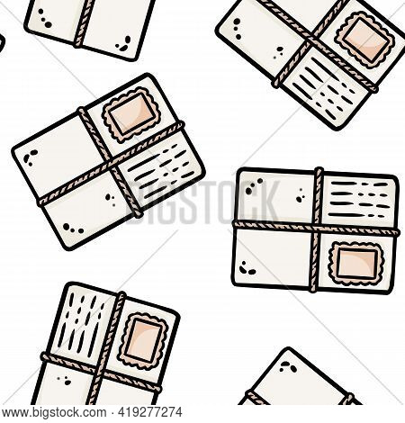 Cute Cartoon Mail Post Envelopes Doodles Seamless Border Pattern. Vector Repeatable Background Tile.