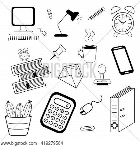 Office Life Black Lines Icons Set With Hand Doodle. Vector Illustration Can Be Used In Education, Ba