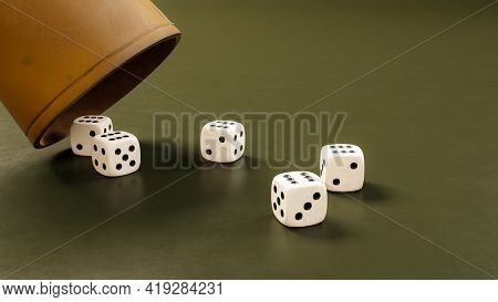 A leather cup and five dice showing six. 3D illustration