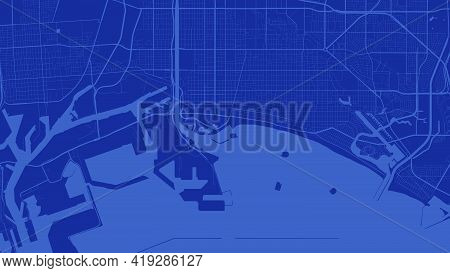 Dark Blue Long Beach City Area Vector Background Map, Streets And Water Cartography Illustration. Wi