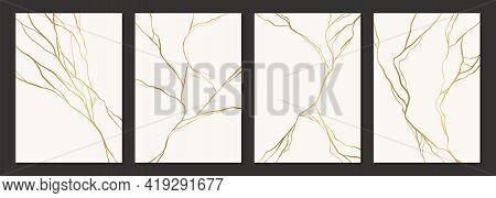 Set Of Gold Kintsugi Poster Design. Japanese Art Of Repairing Broken Pottery. Vector Crack Pattern F