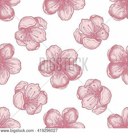 Seamless Pattern With Hand Drawn Pastel Sakura Flowers Stock Illustration