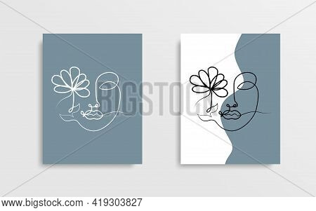 Face With Flower One Line Drawing. One Line Vector Cover Poster Design. Line Art. Vector Illustratio