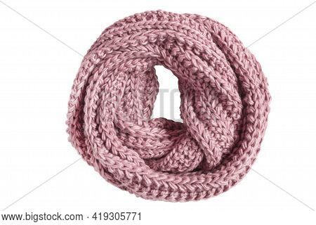 Pink Wool Knit Snood Scarf Isolatede Over White