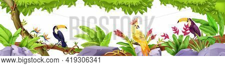 Jungle Exotic Birds Border, Tropical Nature Rainforest Illustration, Toucan, Parrot, Liana, Banana L